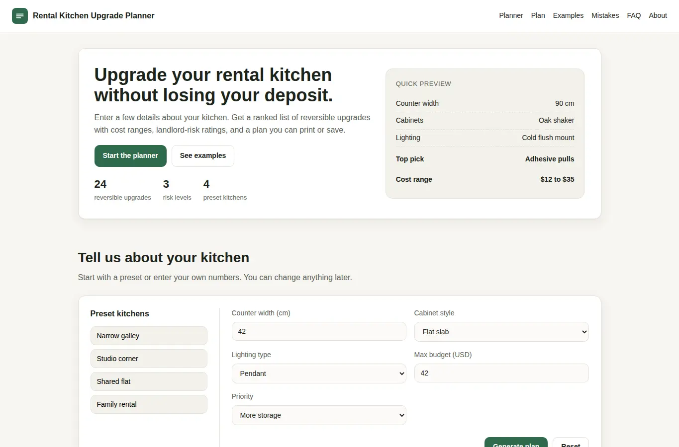 Screenshot of Small Rental Kitchen Upgrade Planner interface showing the project page in use